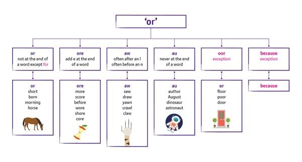 10. Computational Thinking Concepts _Algorithms_Algorithm - spelling rule A chart showing the different spellings of the "or" phoneme, and where they are used.