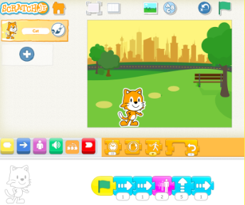 A screenshot of an animation still and the ScratchJr coding for it.