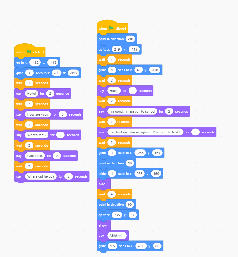 Two synchronised sequences of commands for two sprites in Scratch, creating an animation.