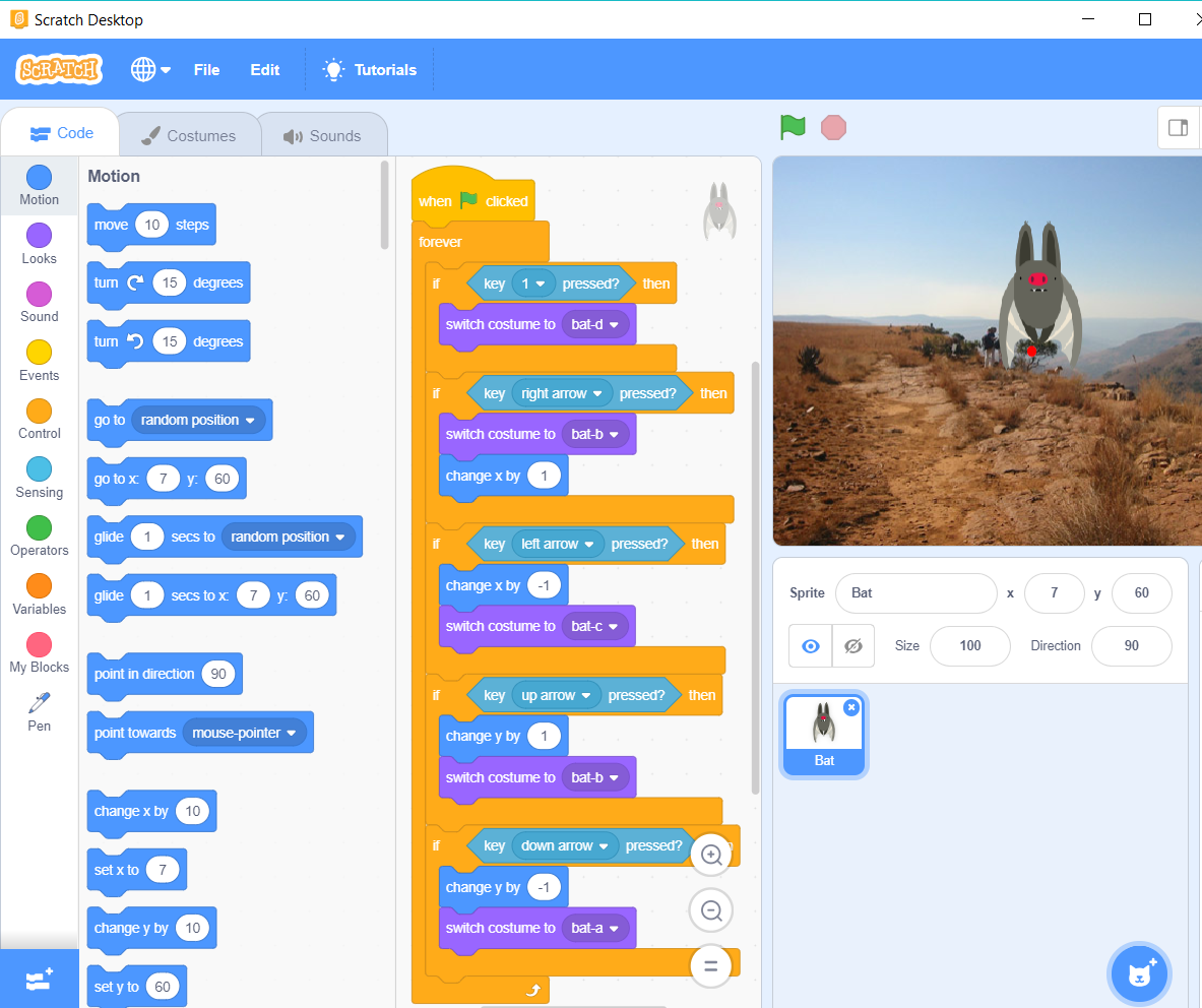 A screenshot of a simple flight simulator program in Scratch.