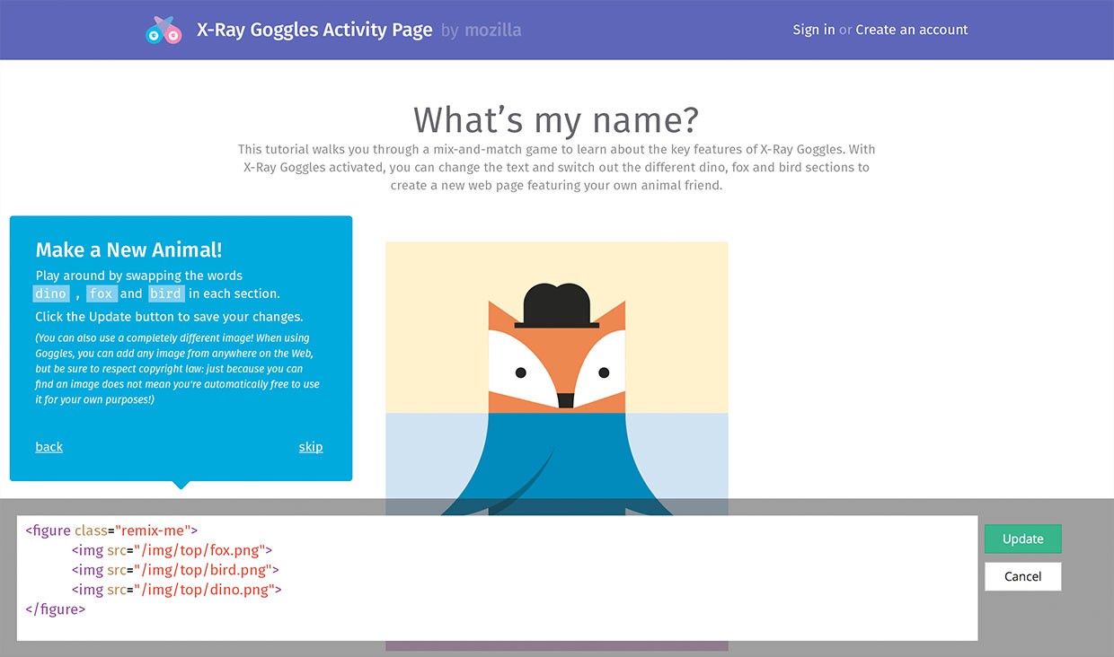 A screenshot of Mozilla's X-Ray Goggles activity web page.