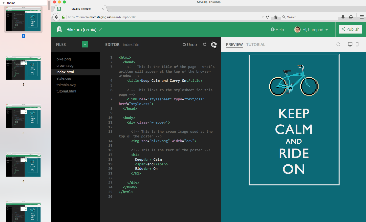 A screenshot of Mozilla's online code editor, Thimble.