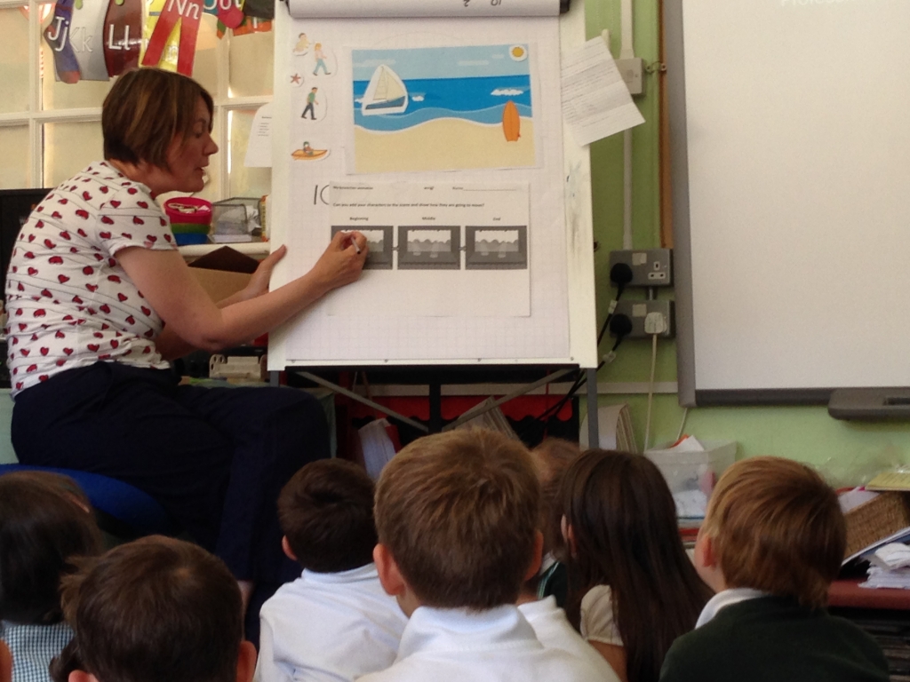 A photo of a teacher writing on a flipchart to prepare a storyboard with her young class.