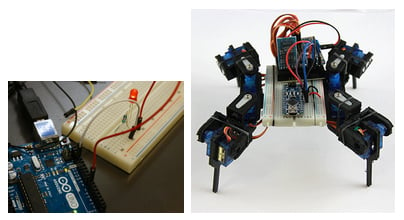 Photographs of Arduinos illuminating a light and as part of a robot