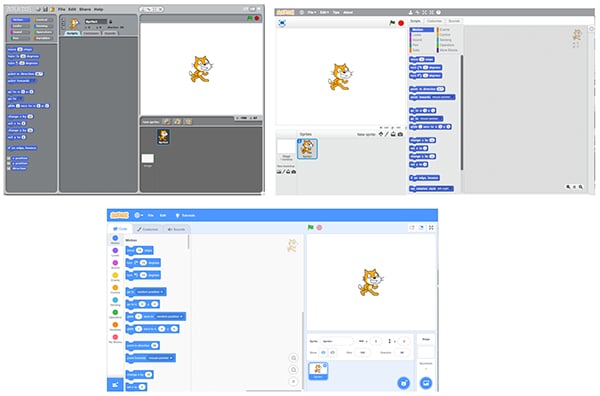 The Scratch 1.4, 2.0 and 3.0 programming environments